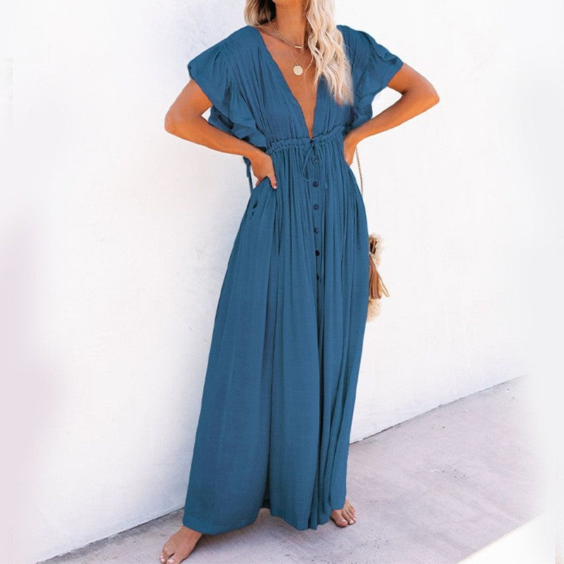 Relaxed Fit Solid Color Long Beach Cover-Up Dress