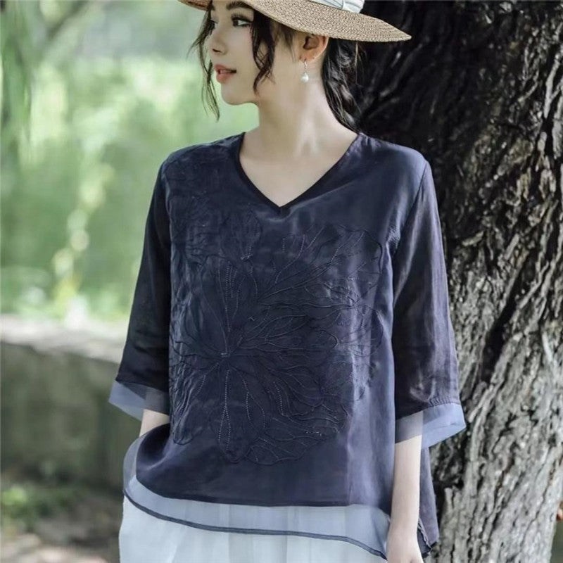 Stylish V-Neck Double Layer Embroidered Loose Blouse