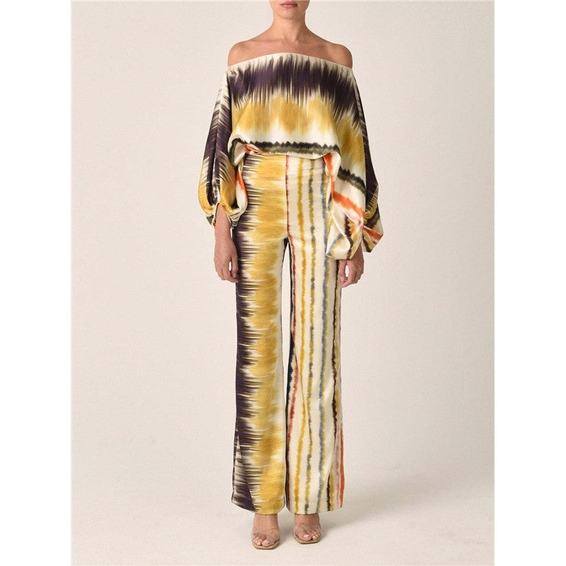 Printing Boat Neck Balloon Sleeve Top And Wide Leg Pants Two Pieces Suits