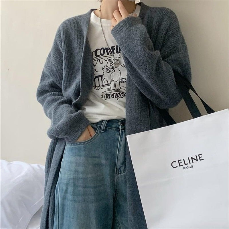 Loose Fit Solid Color Mid-Length Knit Cardigan Coat