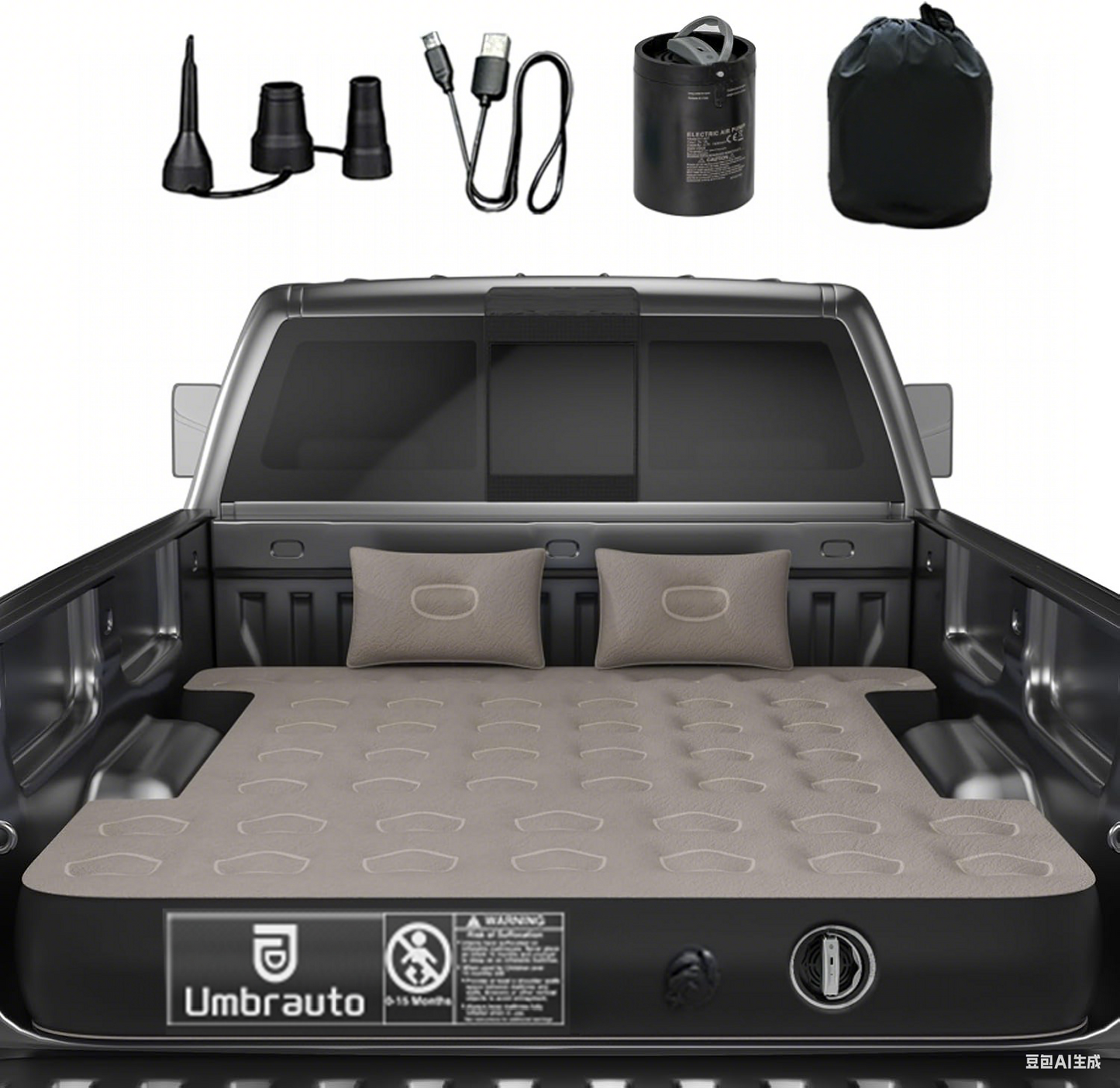 Umbrauto 5.5-5.8FT Full Size Truck Bed Mattress with Detachable Pump,Black/Grey