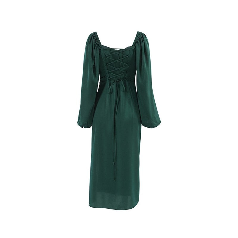 Solid Color Long Sleeve Square Neck High Waisted Side Slit Back Bandage Dress
Enhanced Version: "Square Neck Long