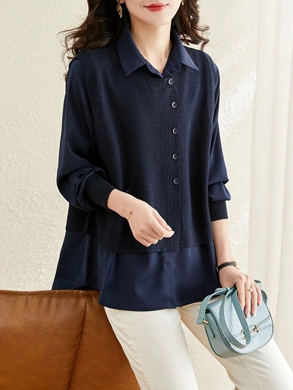 Long Sleeves Loose Solid Color Lapel Inner Shirt + Buttoned Pockets Outer Knit Vest Two Pieces Set