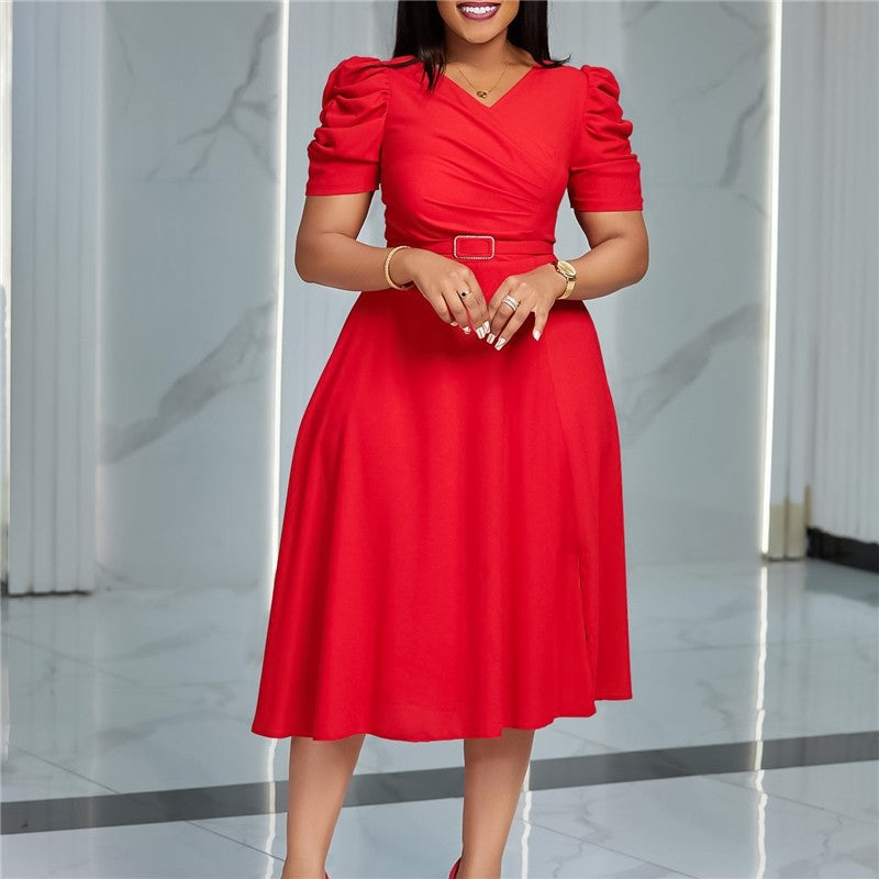 Ruched V-Neck Swing Dress in Solid Color