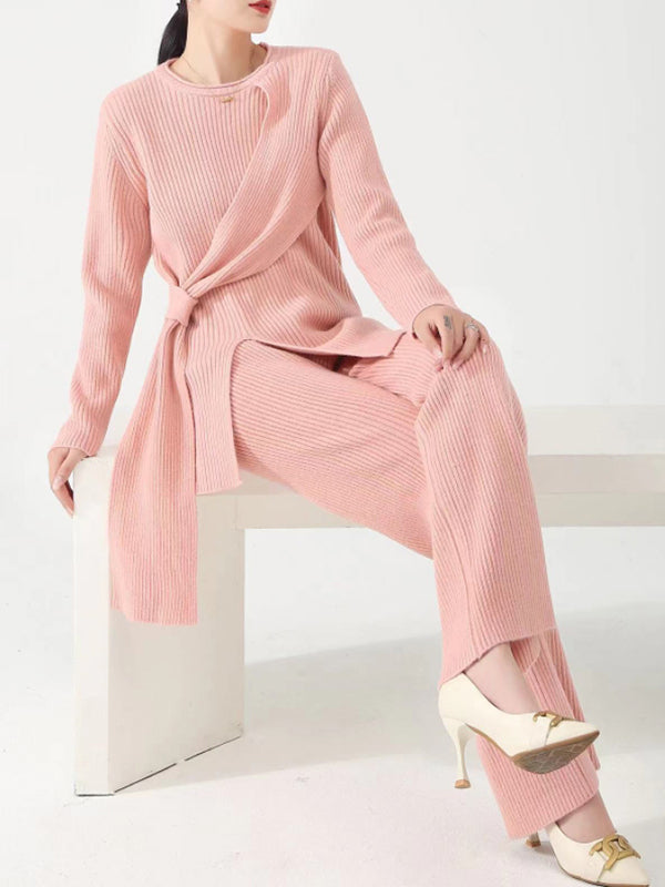Loose Asymmetric Solid Color Split-Front Round-Neck Long Sleeves Sweater Top Pants Bottom Two Pieces Set