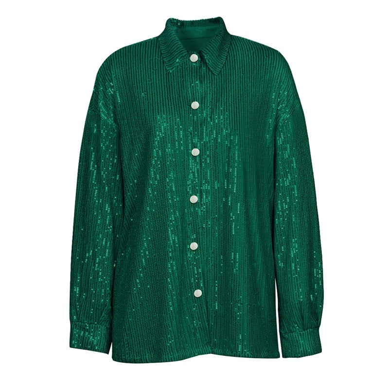Solid Color Long Sleeve Lapel Single Breasted Glitter Blouse