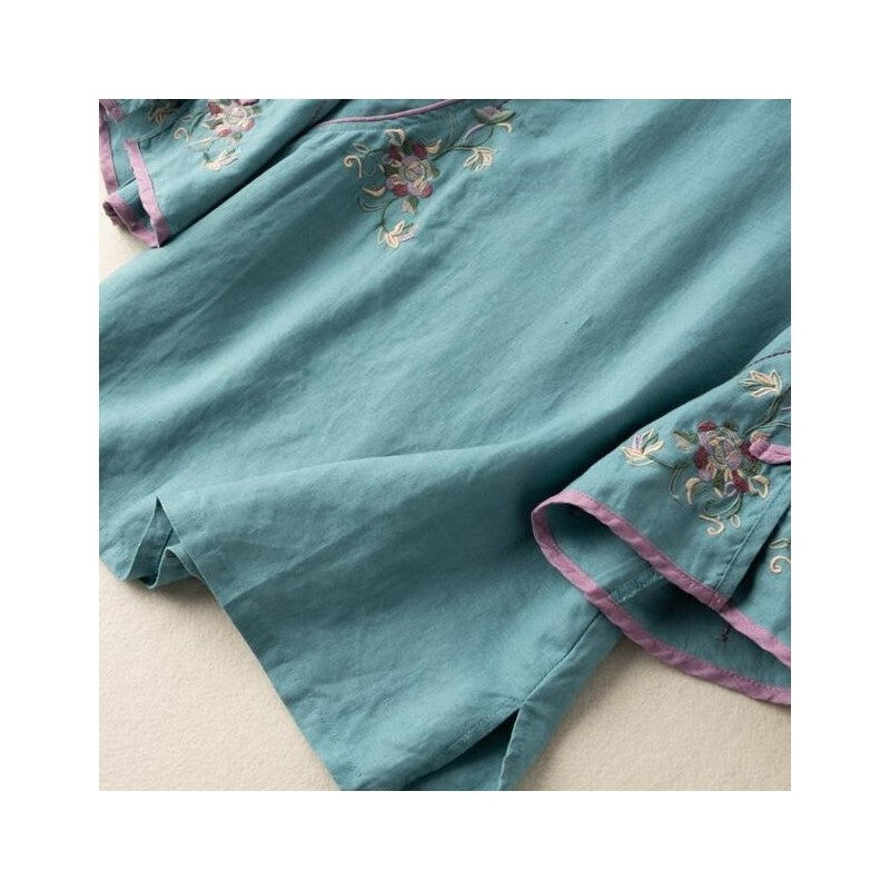Chic Embroidered Mandarin Collar Cotton and Linen Tea Dress