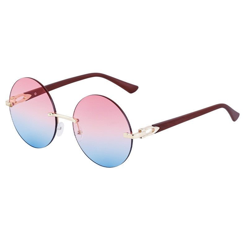 Ladies' Rimless Round Wood Grain Cut Edged Sunglasses