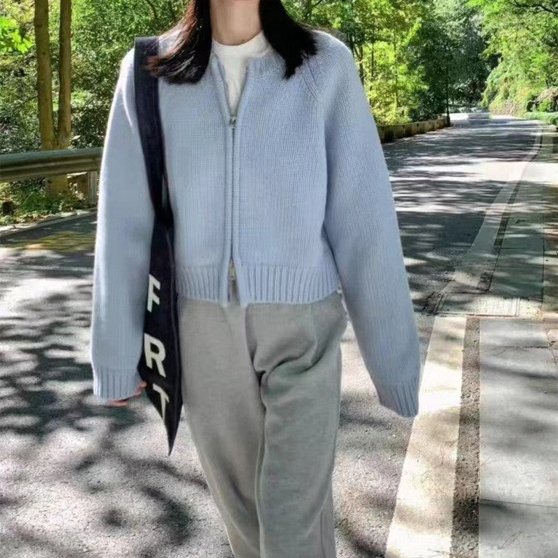 Solid Color Long Sleeve Crewneck Zipper Knitted Cardigan Sweater