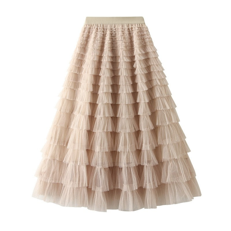 Layered Ruffled A-Line Mesh Cake Skirt with Elastic Waist - Solid Color