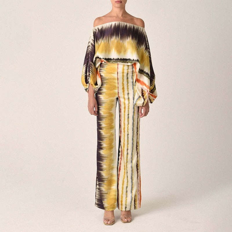 Printed Batwing Sleeve Top with Wide Leg Pants Set