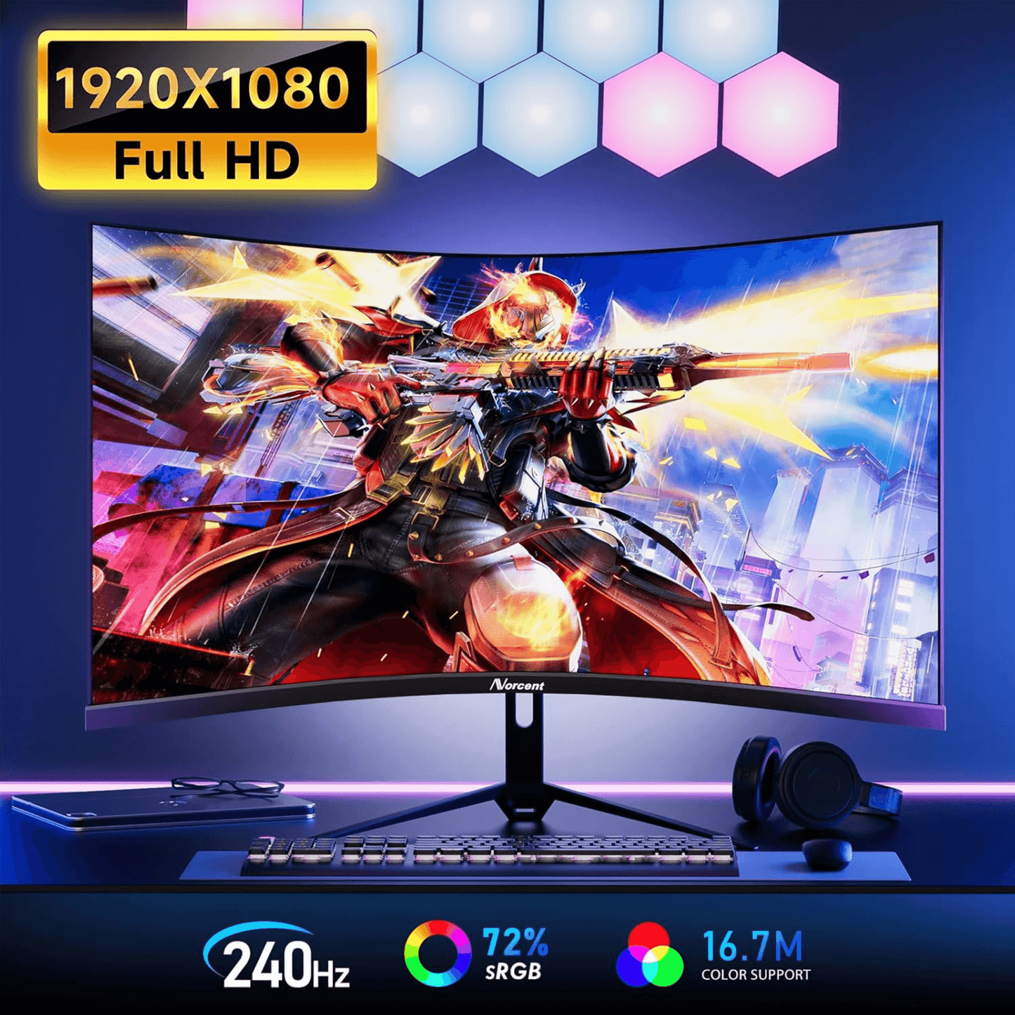 Norcent 27-Inch FHD VA Gaming Curved Monitor with Rainbow Lights
