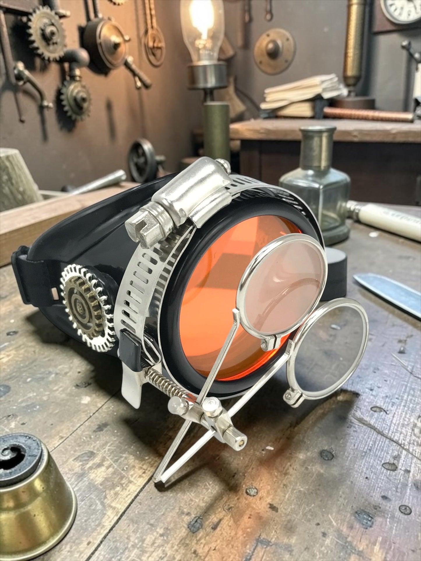 Steampunk Monocle Goggles with Loupe – Victorian Eyepatch Airship Captain Cosplay - black, blue, clear, green, red lenses