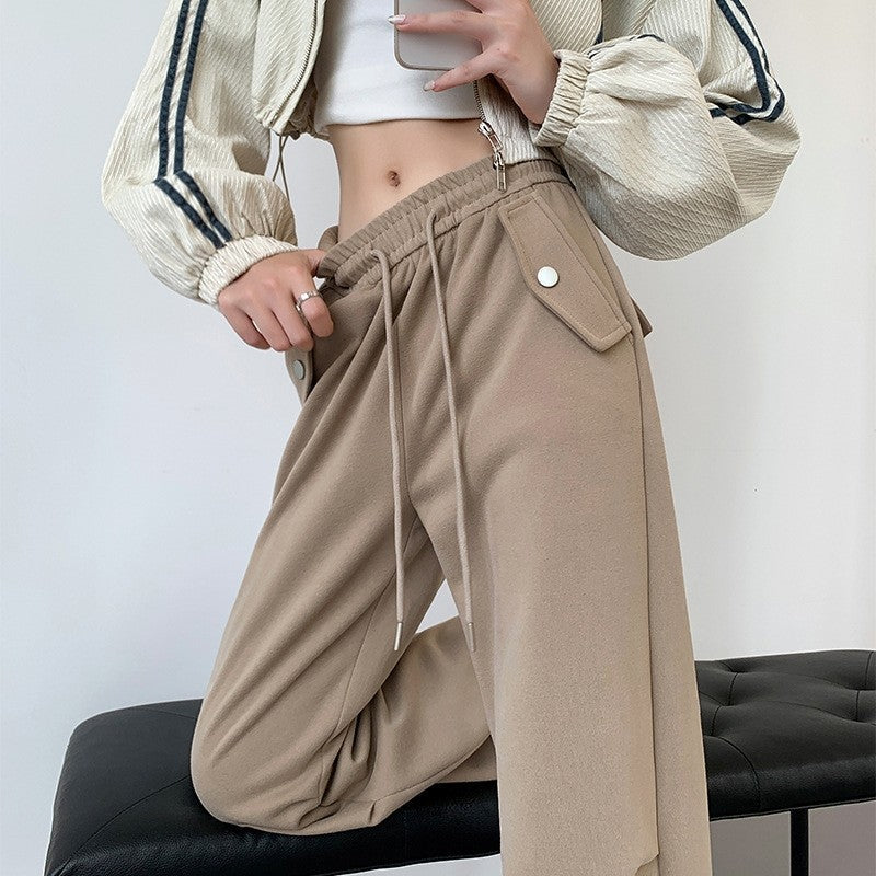 Elastic Waist Drawstring Wide Leg Parachute Pants in Solid Color