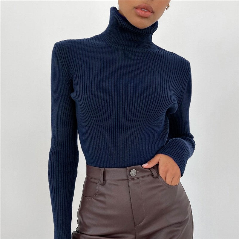 High Neck Pullover Solid Color Sweater