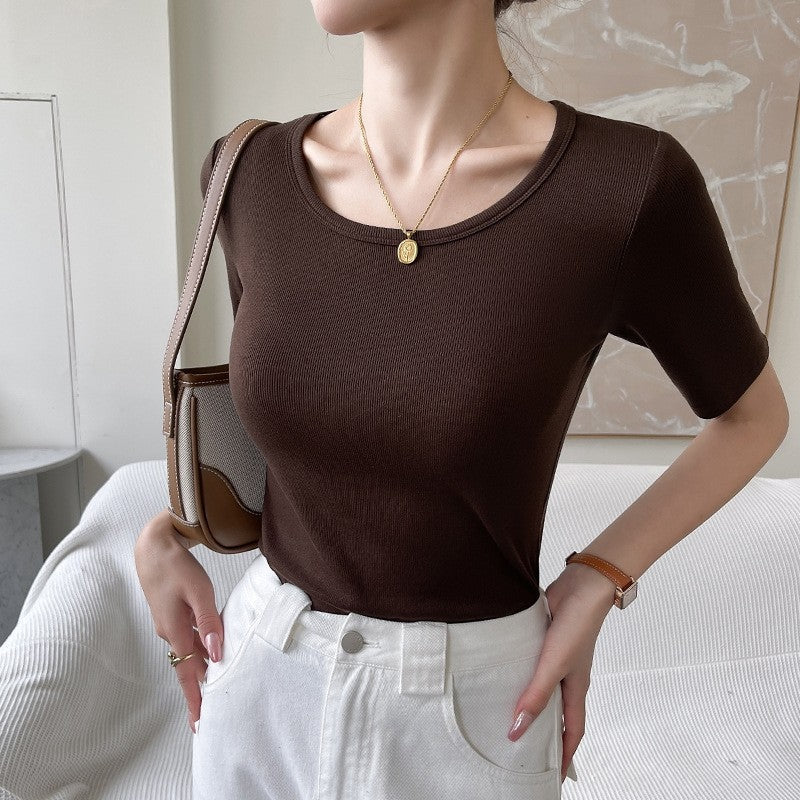 Striped Short-Sleeve T-Shirt with Round Neck in Solid Color