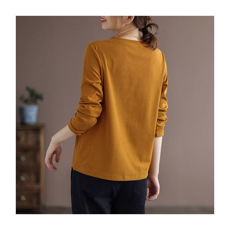 Sure! Here is an optimized title for your clothing product:
"Classic V-Neck Long Sleeve T-Shirt in Solid Color