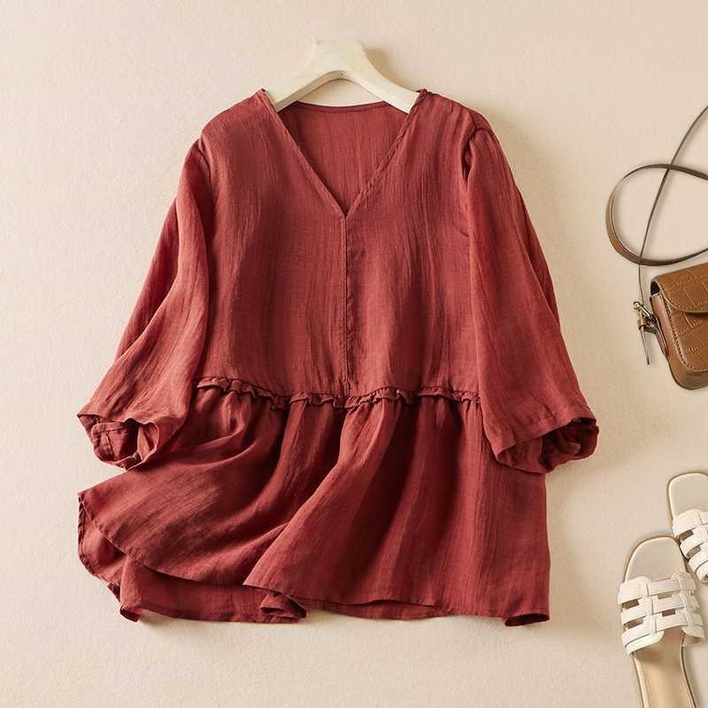 V-Neck Linen Shirt Featuring Distinctive Mushroom Edge