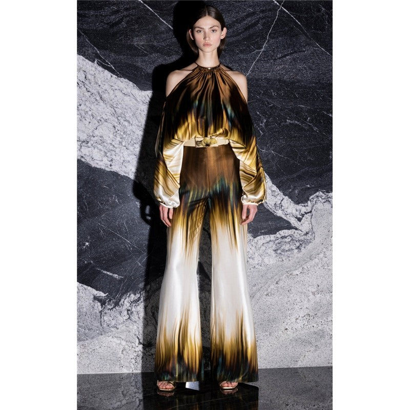 Printing Halterneck Hollow Shoulders Long Sleeve Top And Wide Leg Pants Two Pieces Suits