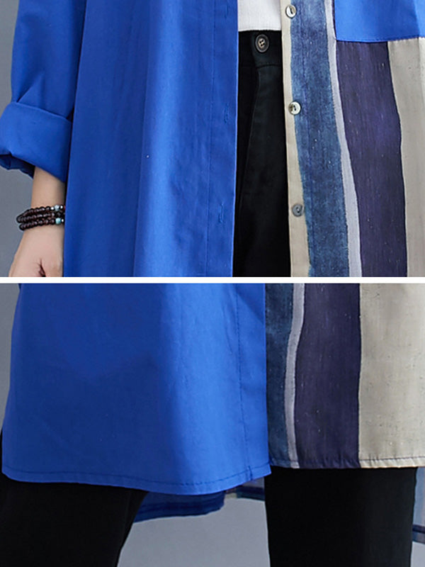 Original Buttoned Contrast Color Split-Joint Long Sleeves Lapel Blouse