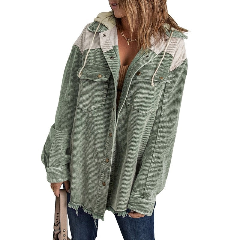 Loose Corduroy Color Block Hooded Jacket
