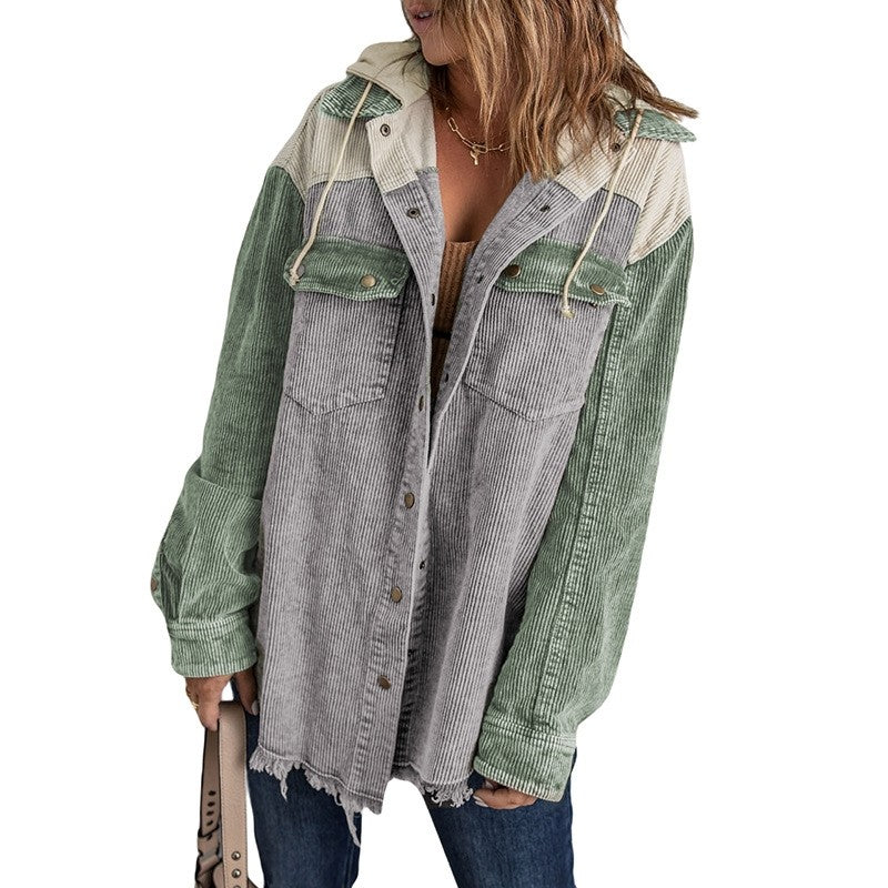 Loose Fit Color Block Hooded Corduroy Jacket