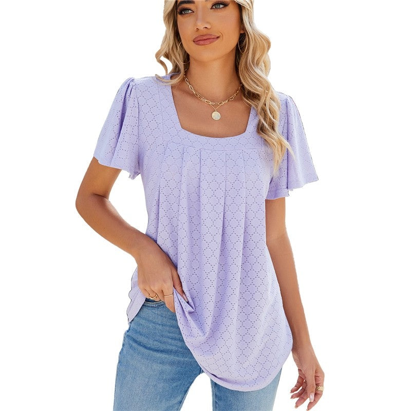 Solid Color V-Neck Pleated Short Sleeve Loose Fit T-Shirt