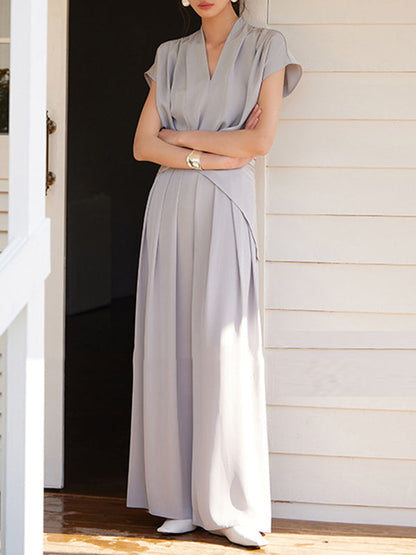 High Waisted Wide Leg Elasticity Pleated Solid Color Pants Trousers