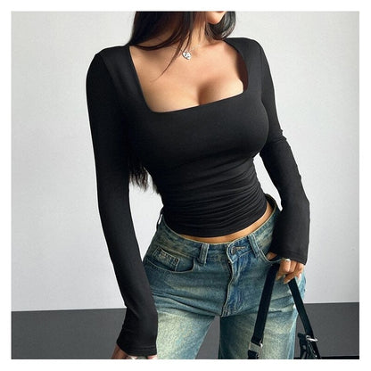 Chic Fitted Square Neck Long Sleeve Top