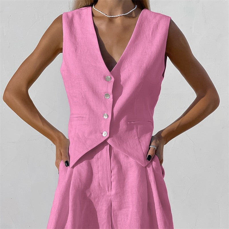 Casual Two-Piece Suit with Sleeveless Single-Breasted Vest and Shorts in Solid Color
