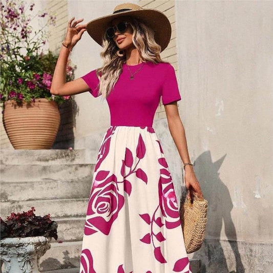 Crewneck Short Sleeve High Waisted Patchwork A-Line Maxi Dress