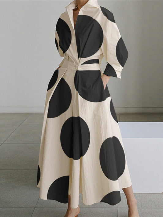 Long-Sleeve Loose Fit Polka Dot Shirt Dress with Contrast Color Accents and Tie-Waist Detail