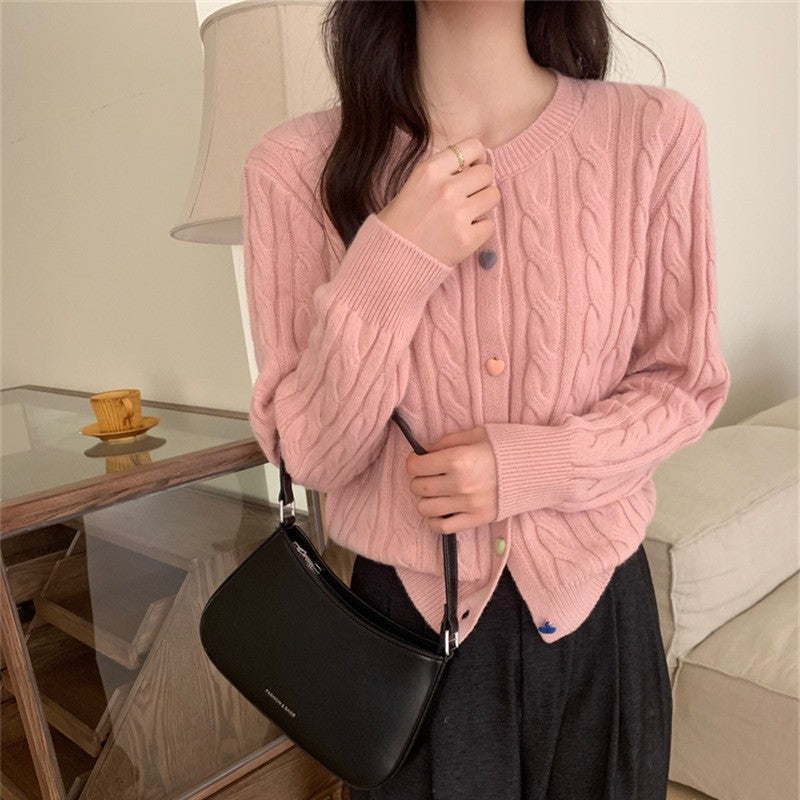 Solid Color Long Sleeve Heart Shaped Buttons Twists Cardigan Sweater