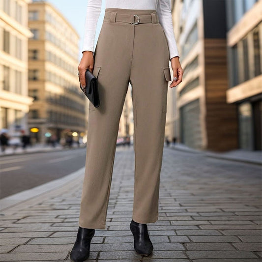 High-Waisted Solid Color Pants with Pockets for Chic Commuting