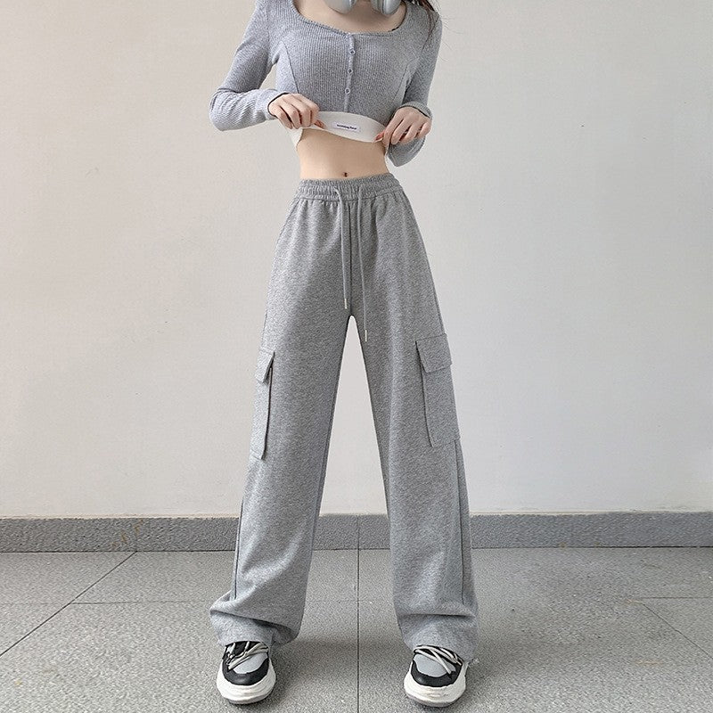 Casual Loose Fit Solid Color Cargo Pants with Elastic Waistband