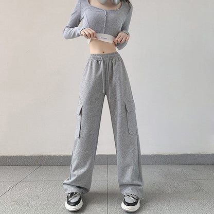 Casual Loose Fit Solid Color Cargo Pants with Elastic Waistband