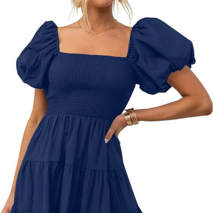 Square Neck Off-Shoulder Bubble Sleeve Dress