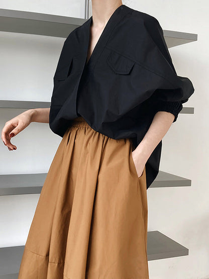 Trendy Batwing Sleeves Solid Color V-Neck Blouses