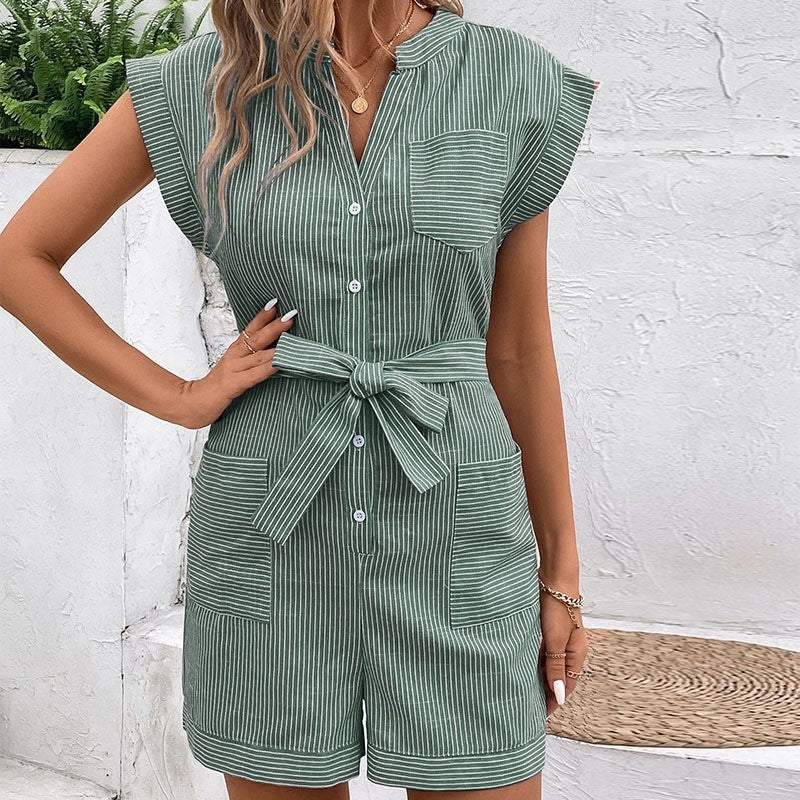 Casual Striped Short Sleeve Jumpsuit