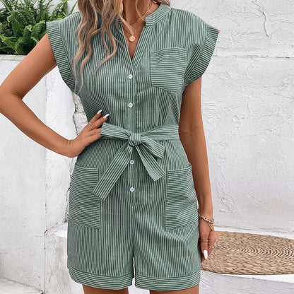 Casual Striped Short Sleeve Jumpsuit