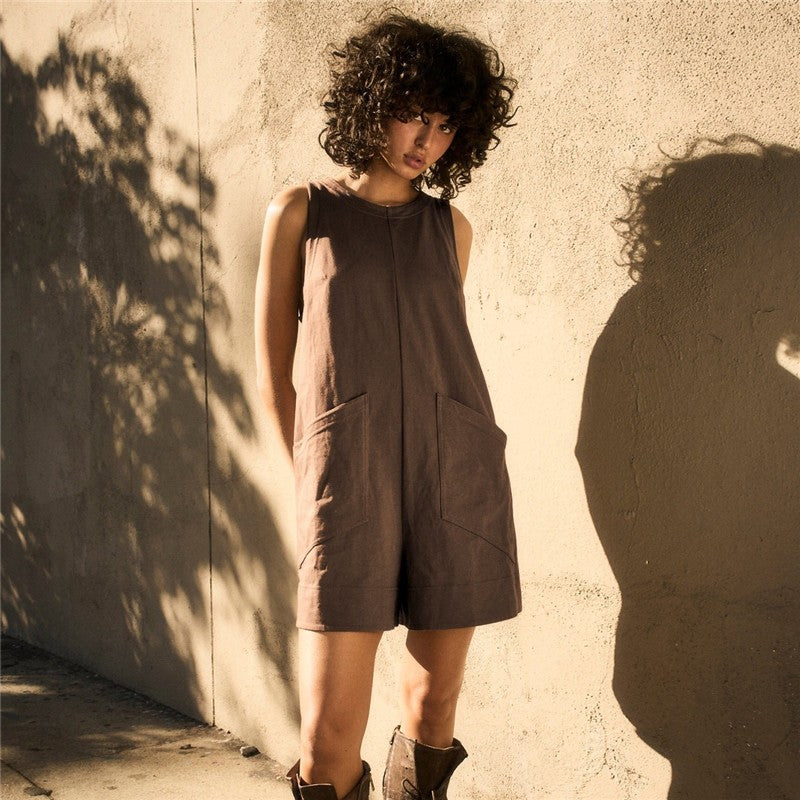 Sleeveless Solid Color Crewneck Loose Fit Casual Romper