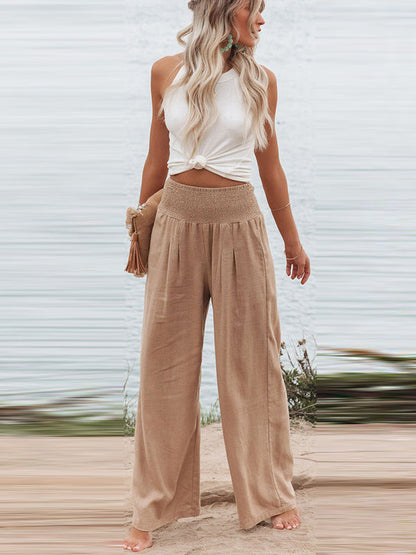 Simple Casual Solid Color Ramie Cotton Wide Legs Pants