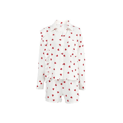 Heart Print Long Sleeve Lapel Single Breasted Top and Shorts Set - Cute Loungewear