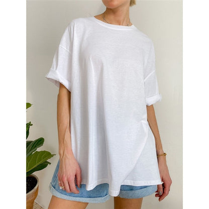 Casual Loose Crewneck T-Shirt with Side Slit - Solid Color