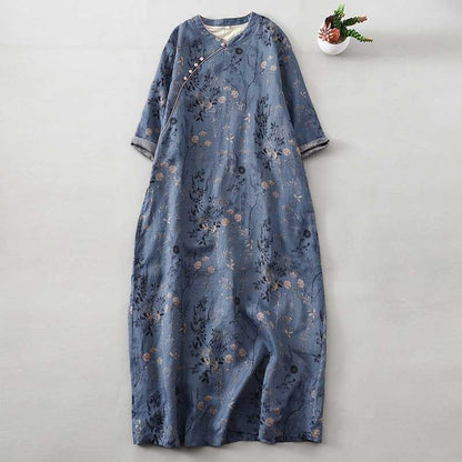 Vintage Floral Half-Sleeve Cheongsam Dress