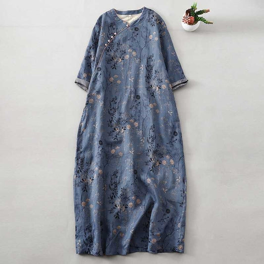 Vintage Floral Half-Sleeve Cheongsam Dress