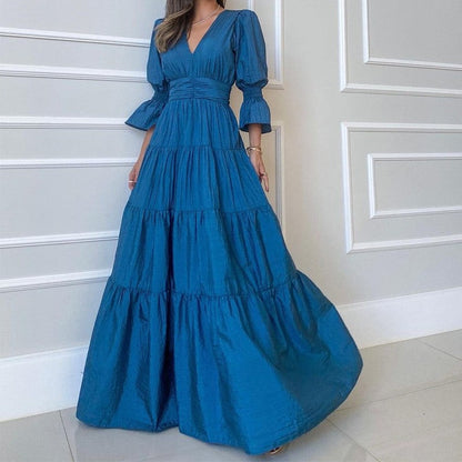 Chic Solid V-Neck Long Sleeve Midi Dress