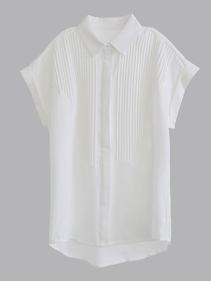Loose Short Sleeves Buttoned Pleated Solid Color Split-Joint Lapel Blouses&Shirts Tops