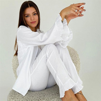 Solid Color Three-Piece Lounge Set: Spaghetti Strap Tank Top, Long Sleeve Lapel Blouse, and Pants
