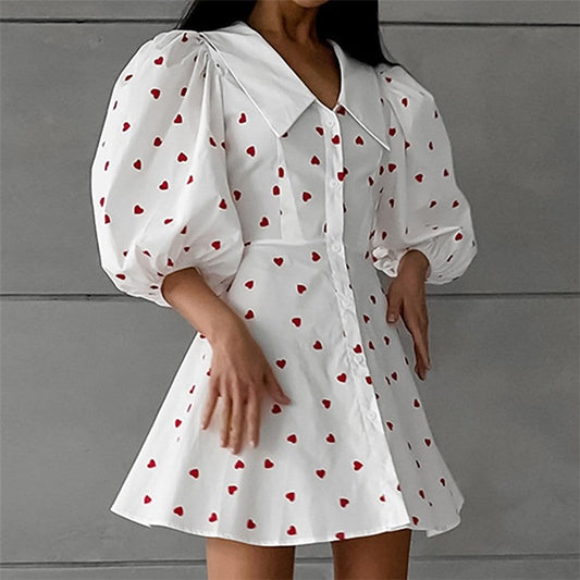Printed Bubble Sleeve Dress with Cinched Waist, Lapel, and Minimalist Styling